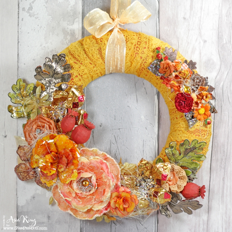 Fall autumnal DIY wreath with metal leaves and flowers by Asia King for Stampendous